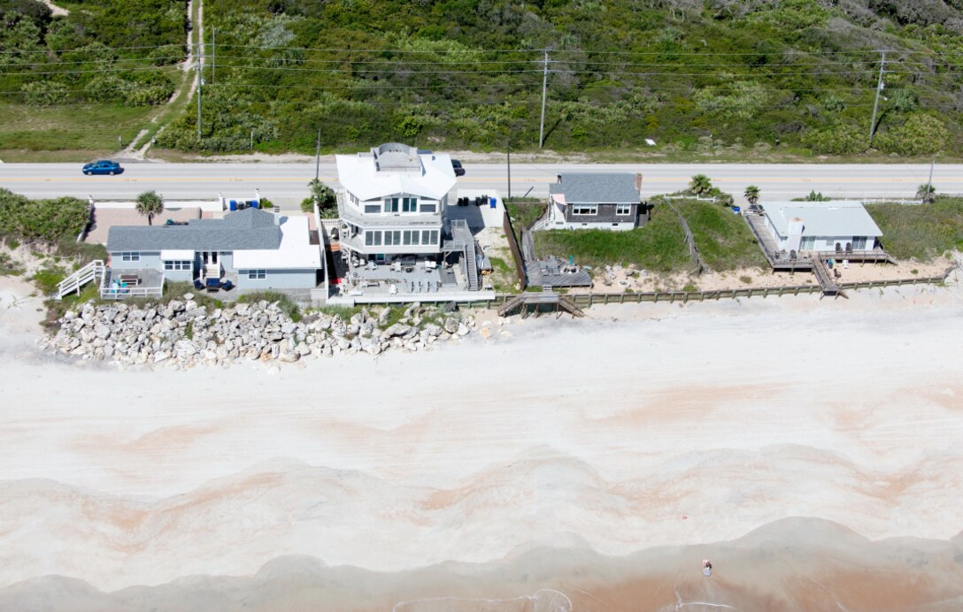 Photo of St. Johns County shoreline with Highway A1A. The Jacksonville District announced the award of a $15 million contract July 7, 2020, to execute a coastal storm risk management project to reinforce critically eroded sections of beach front.