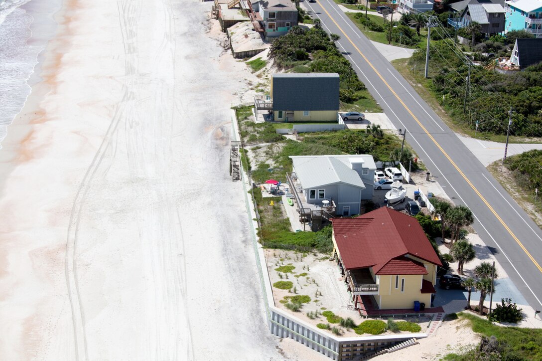 Photo of St. Johns County shoreline with Highway A1A. The Jacksonville District announced the award of a $15 million contract July 7, 2020, to execute a coastal storm risk management project to reinforce critically eroded sections of beach front.