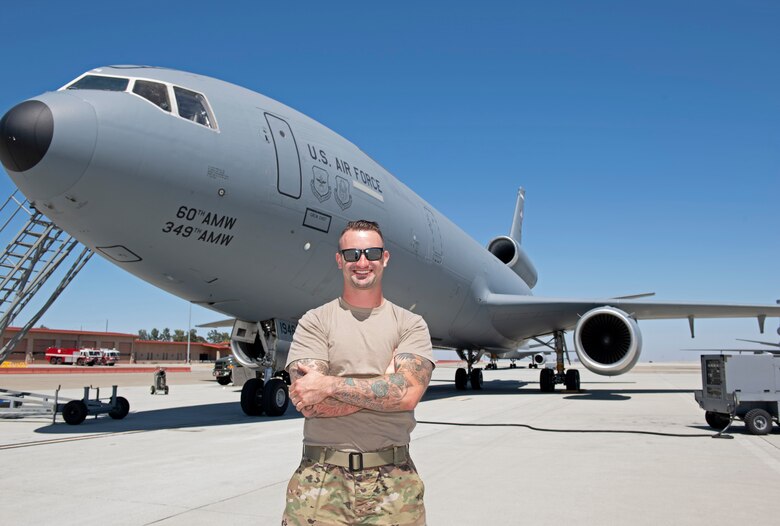 photos of an airman checking a KC-10 Globemaster aircraft