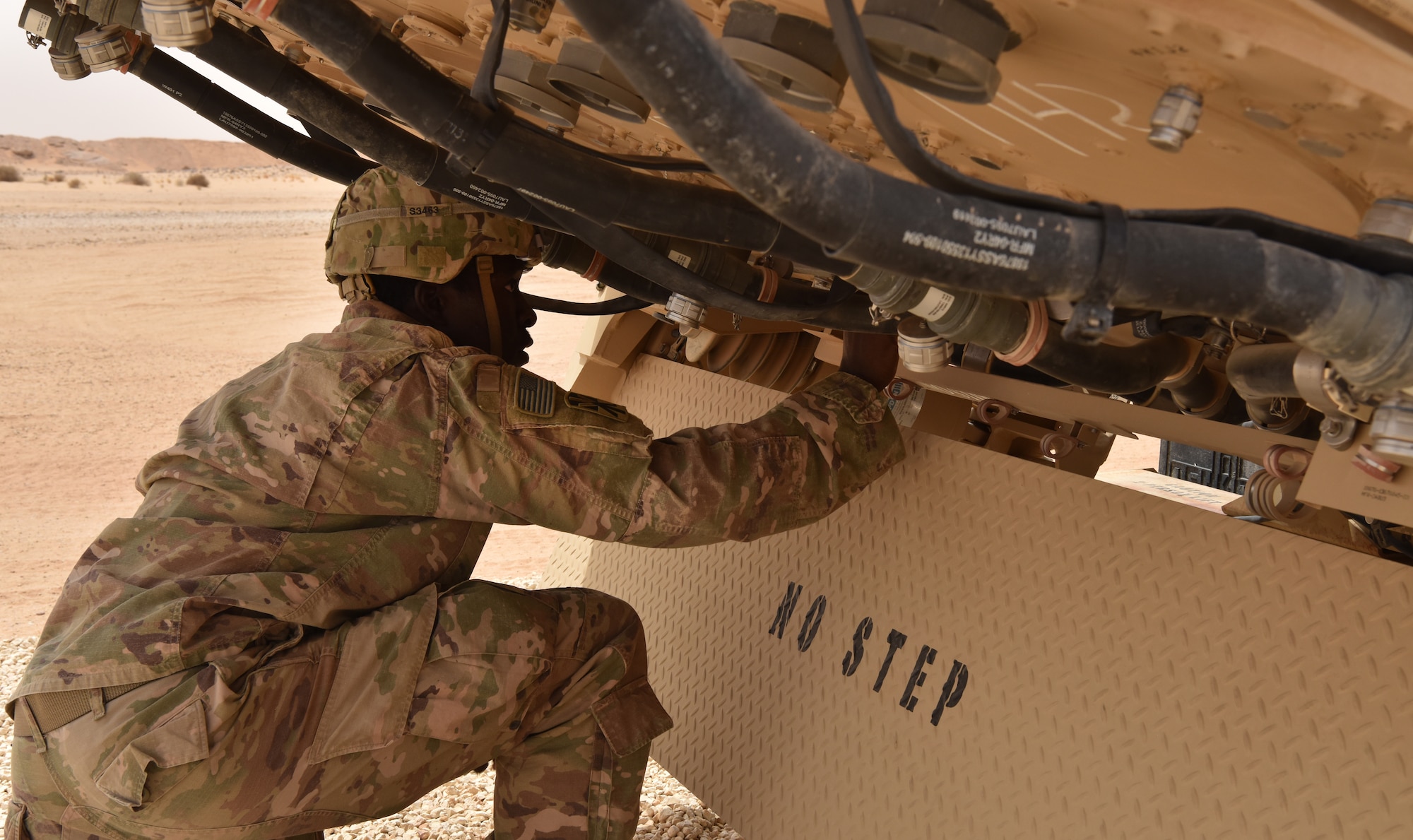 S. Army Soldiers from Bravo Battery, 2nd Air Defense Artillery Regiment system checks a Terminal High Altitude Area Defense (THAAD) launcher during routine start up procedures in the U.S. Central Command’s area of responsibility.