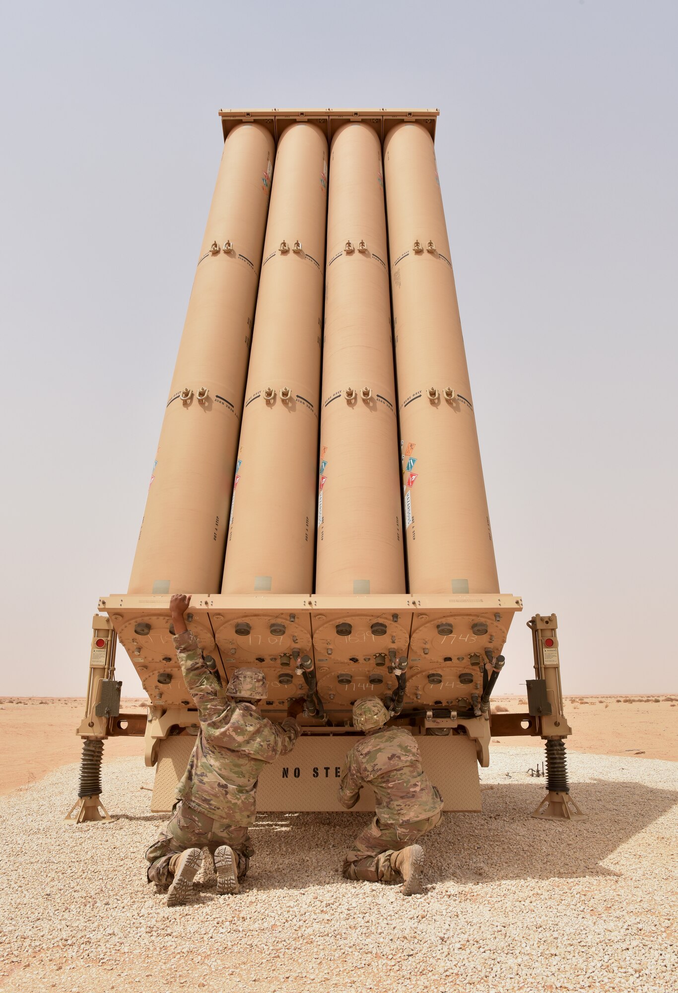 S. Army Soldiers from Bravo Battery, 2nd Air Defense Artillery Regiment system checks a Terminal High Altitude Area Defense (THAAD) launcher during routine start up procedures in the U.S. Central Command’s area of responsibility.