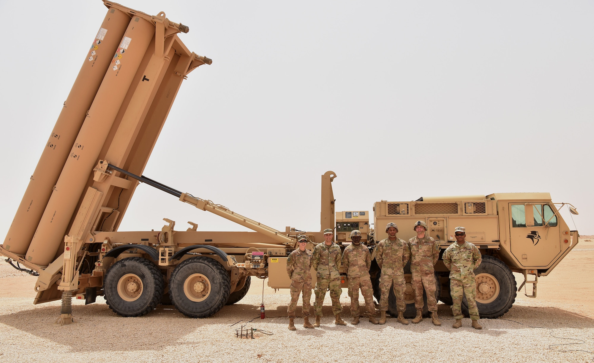 S. Army Soldiers from Bravo Battery, 2nd Air Defense Artillery Regiment system checks a Terminal High Altitude Area Defense (THAAD) launcher during routine start up procedures in the U.S. Central Command’s area of responsibility.