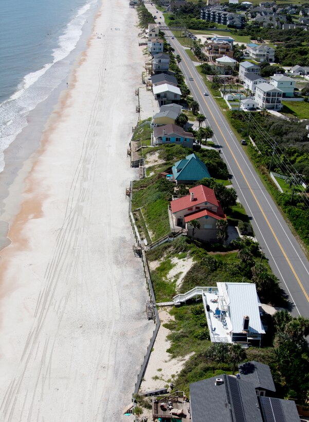 Photo of St. Johns County shoreline with Highway A1A. The Jacksonville District announced the award of a $15 million contract July 7, 2020, to execute a coastal storm risk management project to reinforce critically eroded sections of beach front.