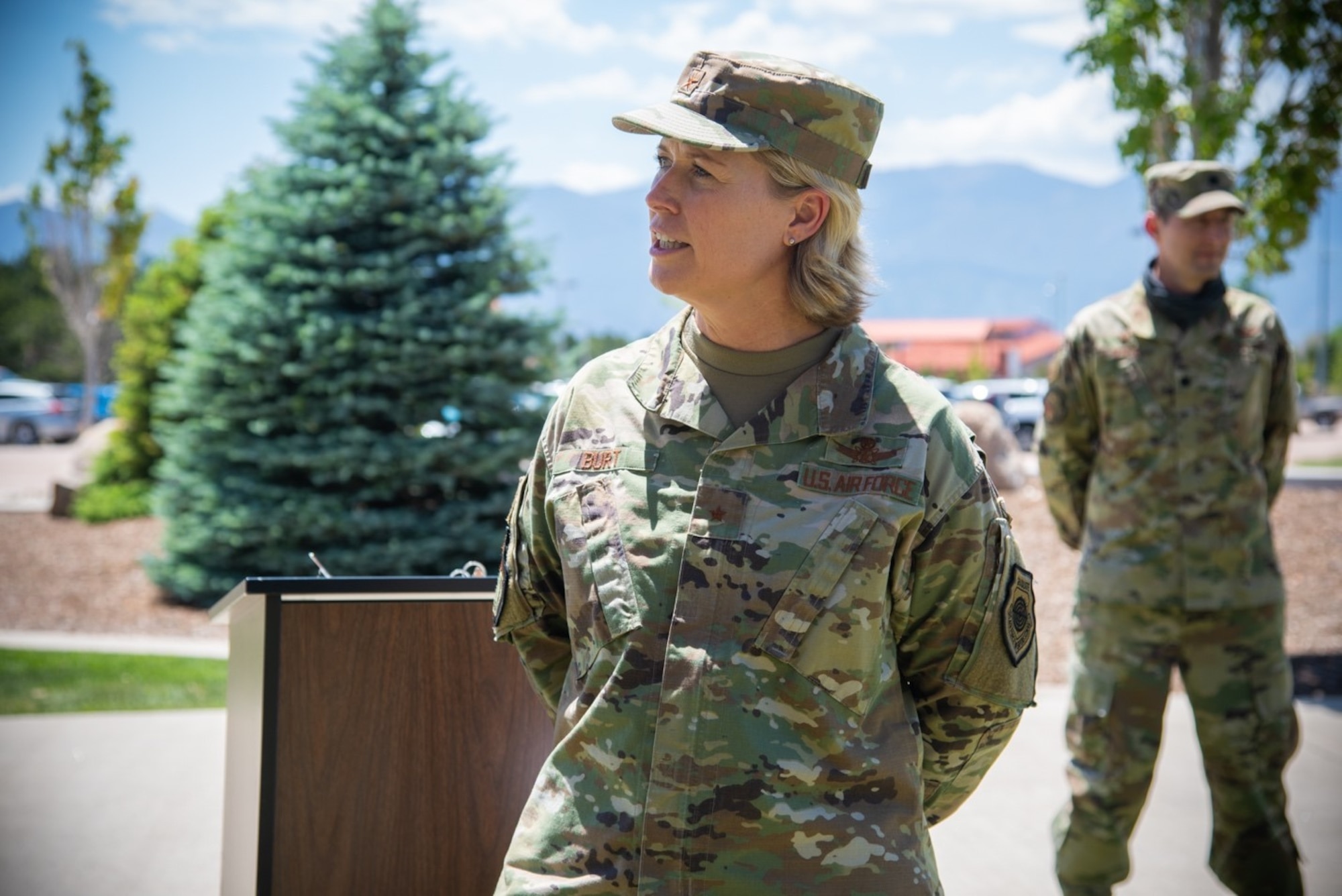 PETERSON AIR FORCE BASE, Colo. – Brig. Gen. Deanna Burt, U.S. Space Force director of operations and communications, addresses students and attendees during the Space Warfighter Follow-on course graduation at Peterson Air Force Base, Colorado, June 12, 2020. Burt encouraged the graduates to be inquisitive, ask questions and lead the change into the space warfighting mentality the USSF needs to address current and emerging threats in the space domain. (U.S. Space Force photo by 2nd Lt. Idalí Beltré Acevedo)