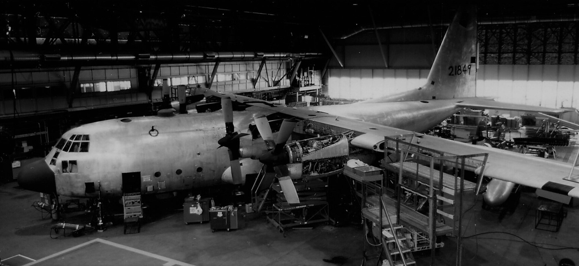 A C-130 undergoing depot maintenance at the Ogden ALC, Hill AFB, Utah. The Ogden ALC has performed depot maintenance on the C-130 since 1988.