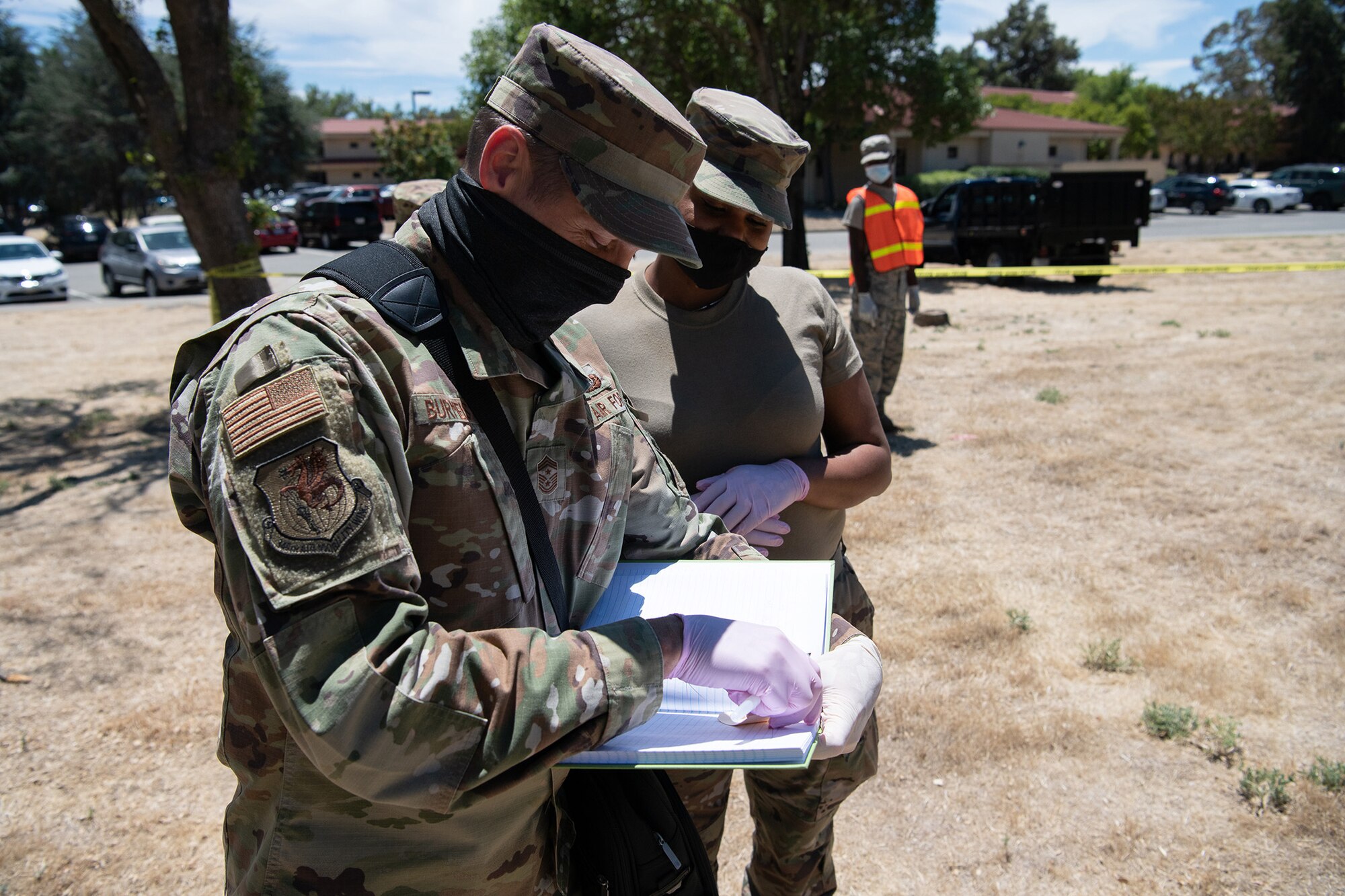 349th Air Mobility Wing Command Chief Master Sgt. James Burmeister was also on hand to assist during Fourth Air Force Command Chief Master Sgt. Cynthia Villa's visit. Chief Villa went to the 349th Force Support Squadron as the Airmen held training for a crash recovery situation.