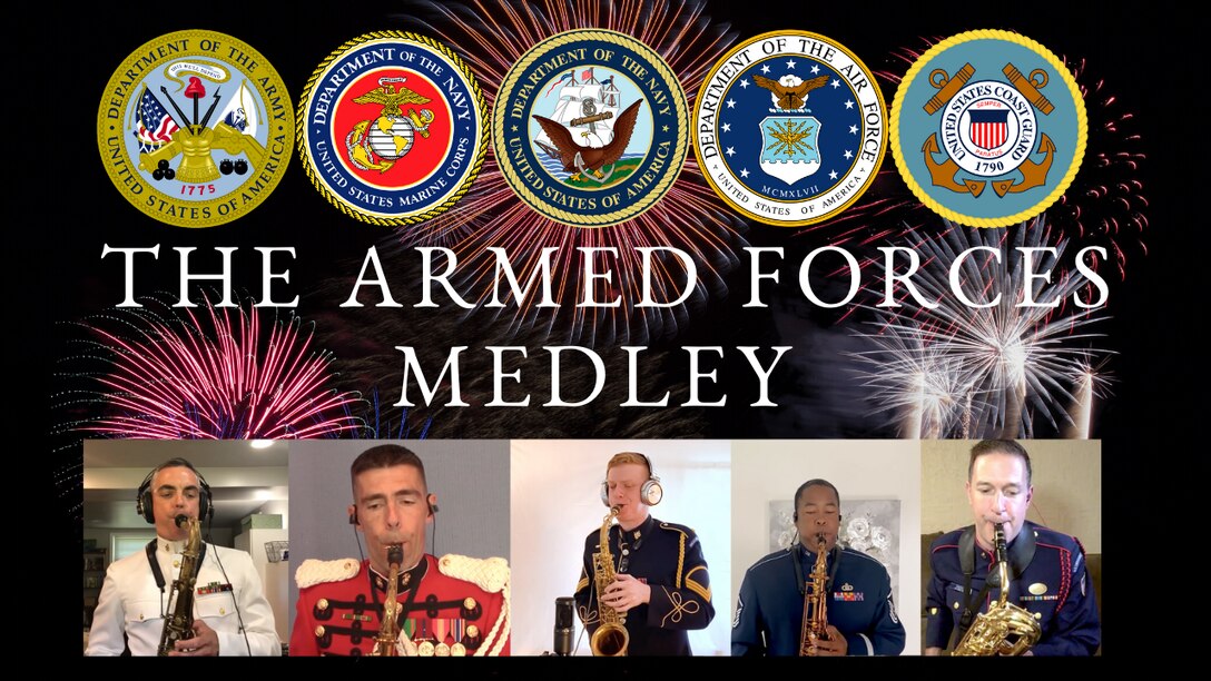 Graphic for a collaboration between the Airmen of Note and 4 sister service bands of a 4th of July performance of the "Armed Forces Medley".