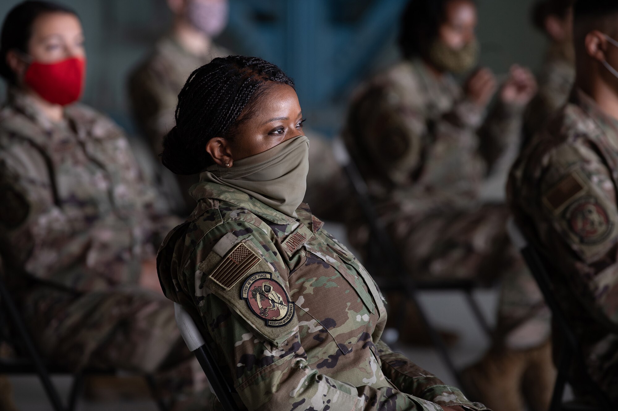 Fourth Air Force Command Chief Master Sgt. Cynthia Villa visits with Team Travis Airmen, and Aeromedical Evacuation team members from around the nation, during her recent trip to 349th Air Mobility, Travis Air Force Base, Calif.