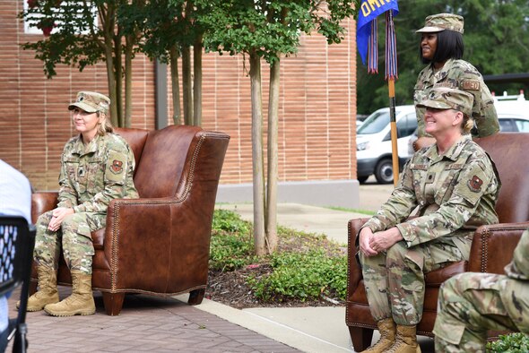 Lt. Col. Tracy Markle (right), 14th Operational Medical Readiness Squadron commander, and Lt. Col. Tracy Snyder (left), former 14th OMRS commander, sit July 16, 2020, at a change of command on Columbus Air Force Base, Miss. The 14th OMRS provides and coordinates comprehensive health care for a community of active duty, dependents, retirees and family member Department of Defense beneficiaries. (U.S. Air Force photo by Senior Airman Jake Jacobsen)