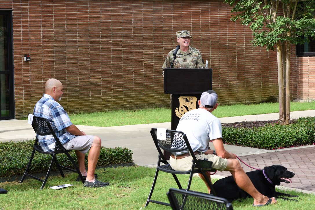 Lt. Col. Tracy Markle, 14th Operational Medical Readiness Squadron commander, speaks July 16, 2020, at a change of command on Columbus Air Force Base, Miss. Markle relived the position of commander from Lt. Col. Tracy Snyder who guided the 14th OMRS through many achievements over her time as commander. (U.S. Air Force photo by Senior Airman Jake Jacobsen)