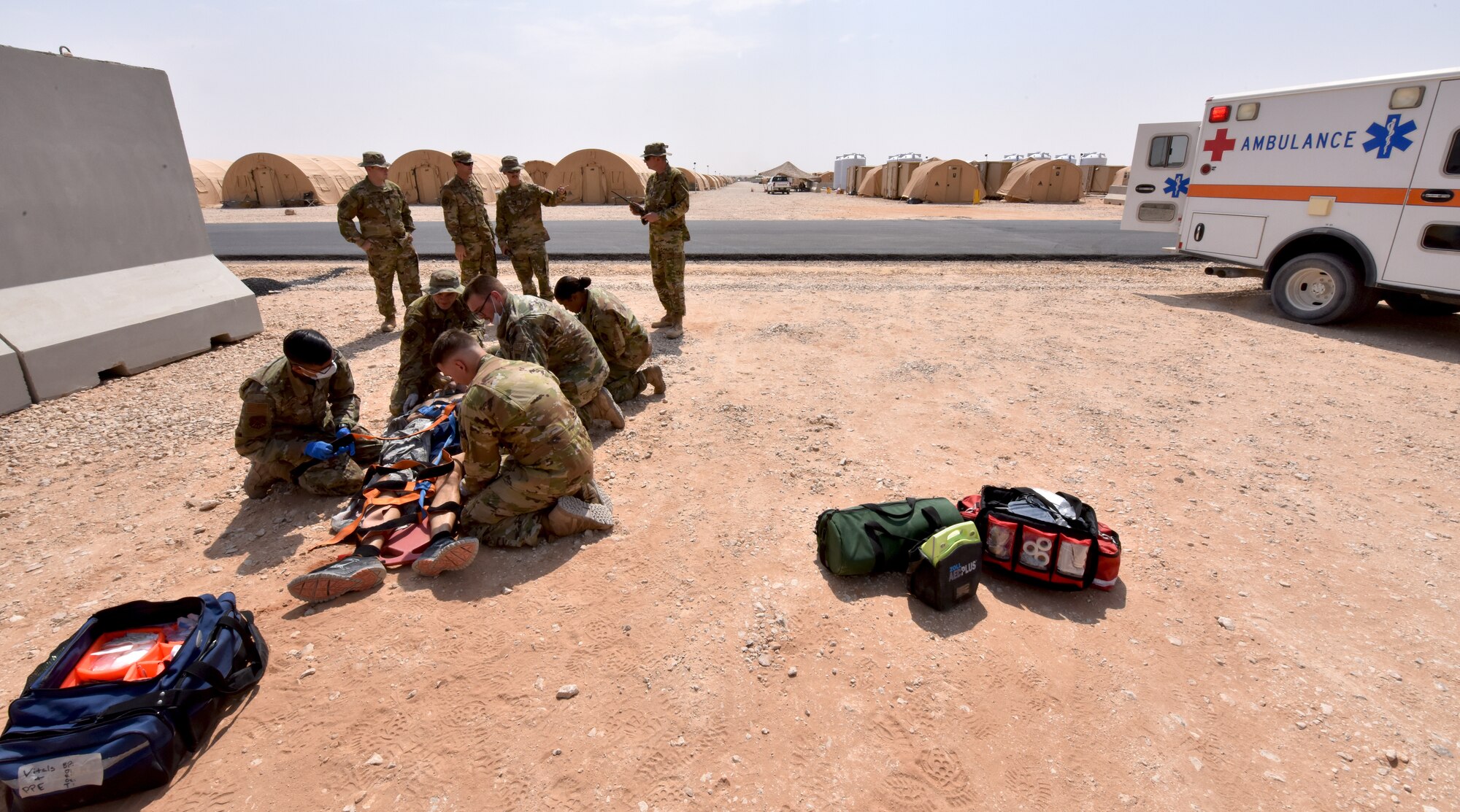 The 378th Expeditionary Medical Squadron conducted a trauma response exercise to practice its response, mitigation, treatment and evacuation of critically injured patients at Prince Sultan Air Base, Kingdom of Saudi Arabia.