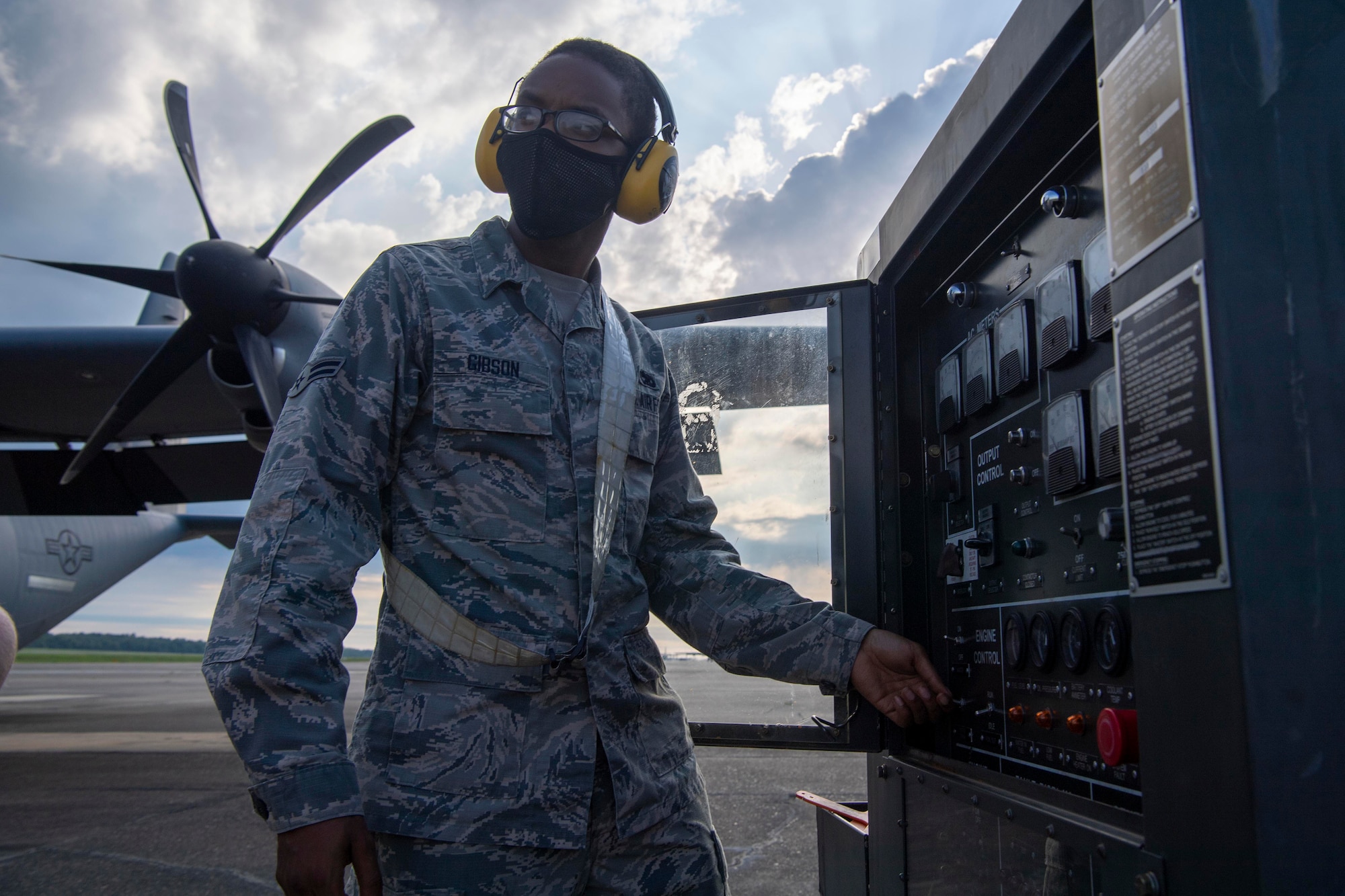 Airman 1st Class Jayce Gibson, 19th Aircraft Maintenance squadron crew chief, prepares to marshal a C-130J Super Hercules during the Herk Nation Stampede at Little Rock Air Force Base, Arkansas, July 14, 2020.