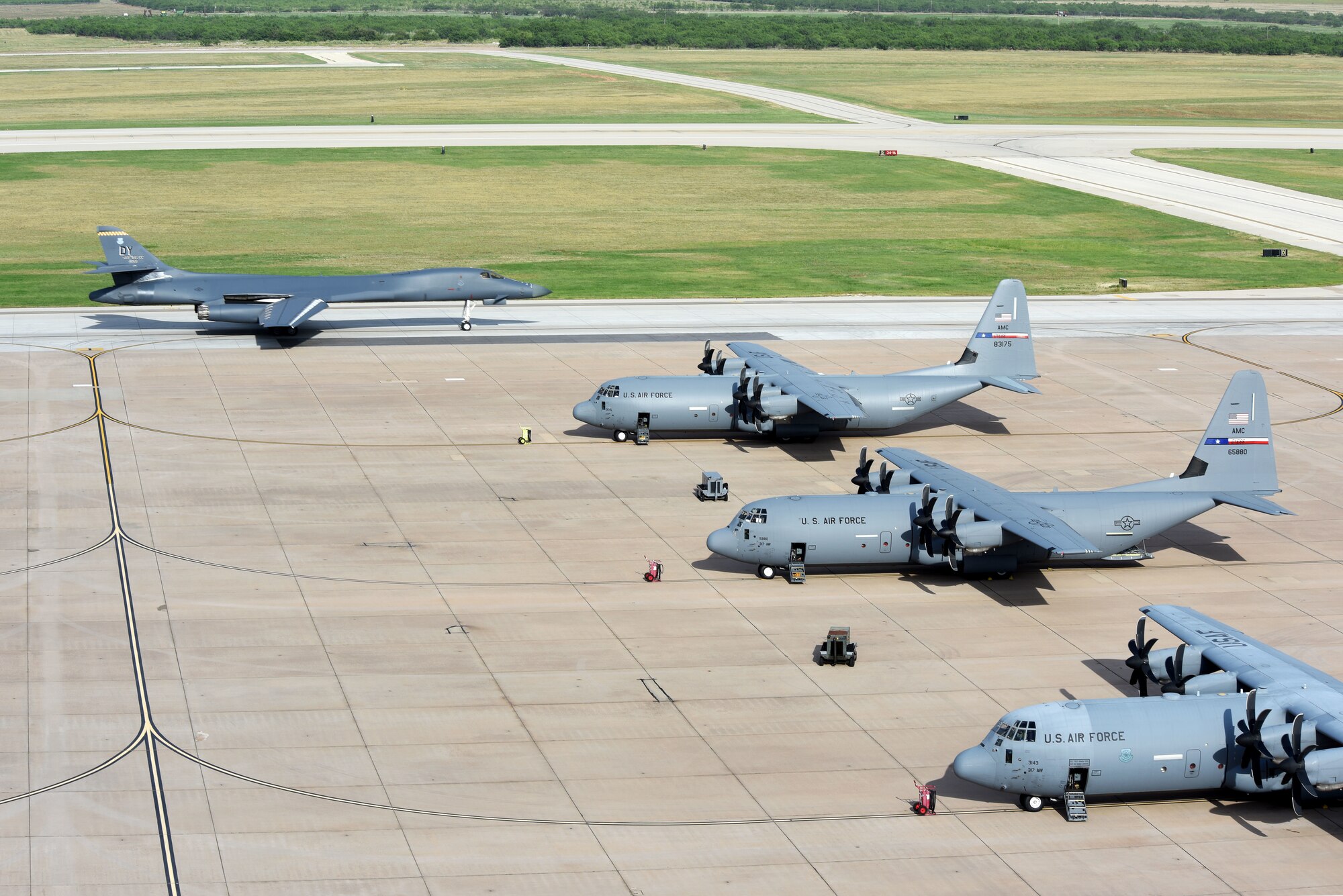 A B-1B Lancer taxis down the flightline during a large scale exercise at Dyess Air Force Base, Texas, July 14, 2020.