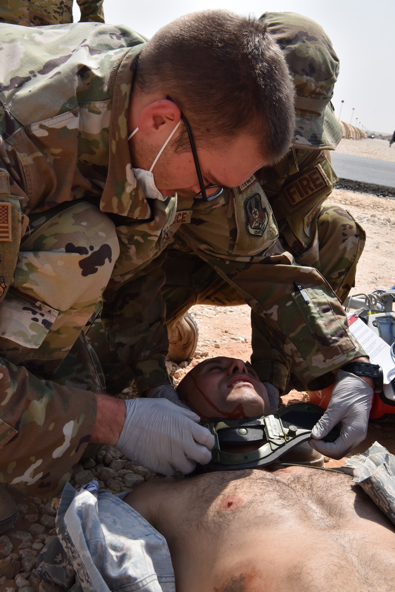 The 378th Expeditionary Medical Squadron conducted a trauma response exercise to practice its response, mitigation, treatment and evacuation of critically injured patients at Prince Sultan Air Base, Kingdom of Saudi Arabia.