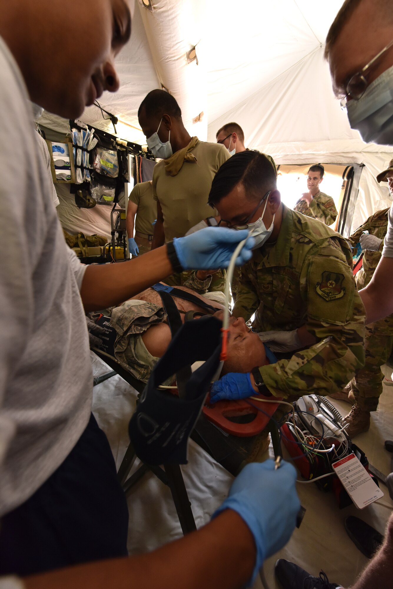 The 378th Expeditionary Medical Squadron conducted a trauma response exercise to practice its response, mitigation, treatment and evacuation of critically injured patients at Prince Sultan Air Base, Kingdom of Saudi Arabia.