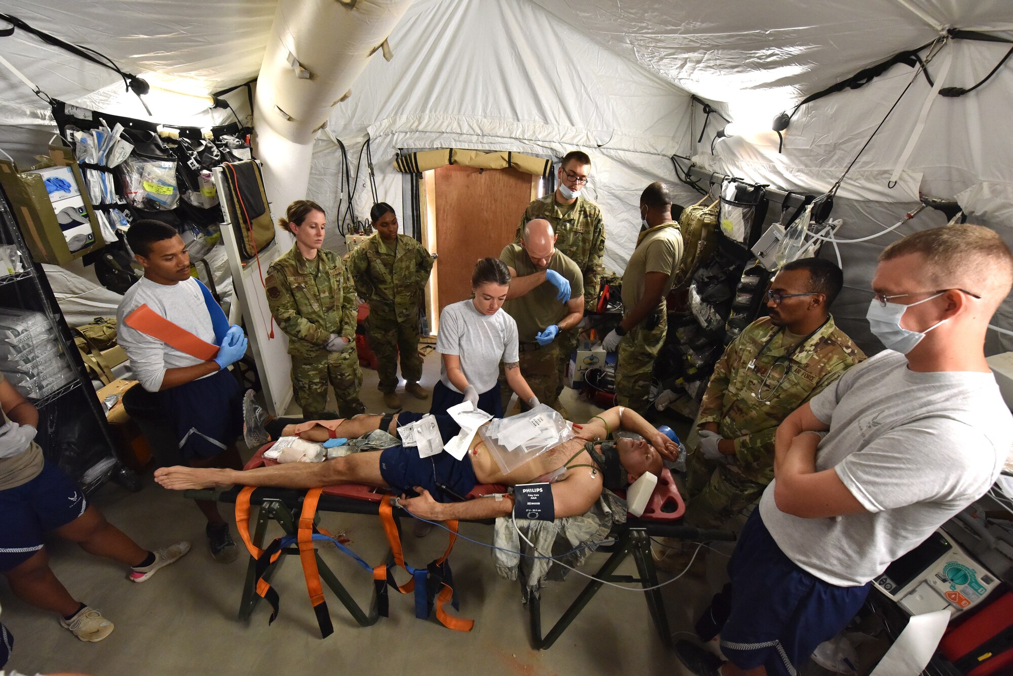 The 378th Expeditionary Medical Squadron conducted a trauma response exercise to practice its response, mitigation, treatment and evacuation of critically injured patients at Prince Sultan Air Base, Kingdom of Saudi Arabia.