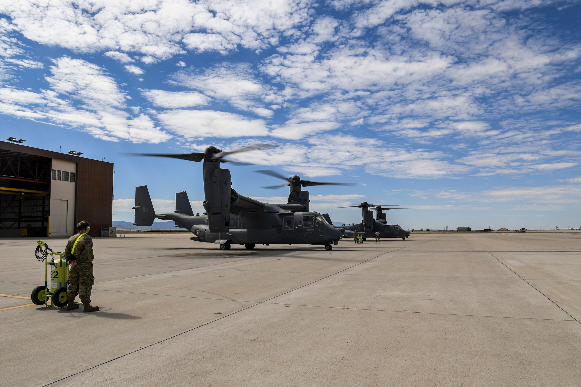 Two CV-22 Osprey awaits takeoff.