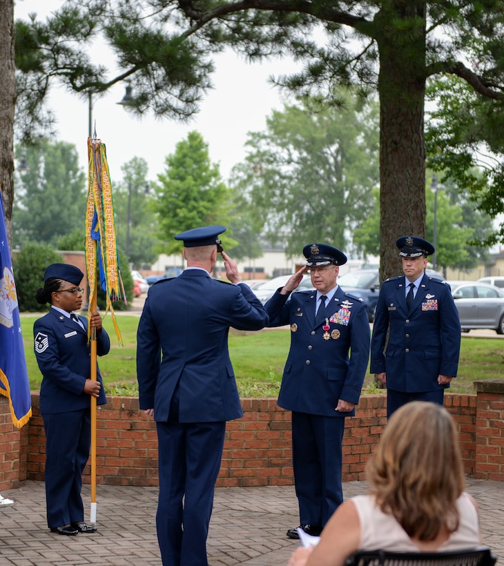 Col. Seth Graham, 14th Flying Training Wing commander, returns a salute from Ret. Col. Gary Hayward, former 14th Mission Support Group commander, at the 14th MSG change of command ceremony on July 13, 2020, at Columbus Air Force Base, Miss. Prior to relinquishing command, Hayward received the Legion of Merit medal for his exceptionally meritorious conduct in the performance of outstanding services. (U.S. Air Force photo by Airman 1st Class Davis Donaldson)