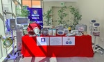 Medical items displayed on a table.