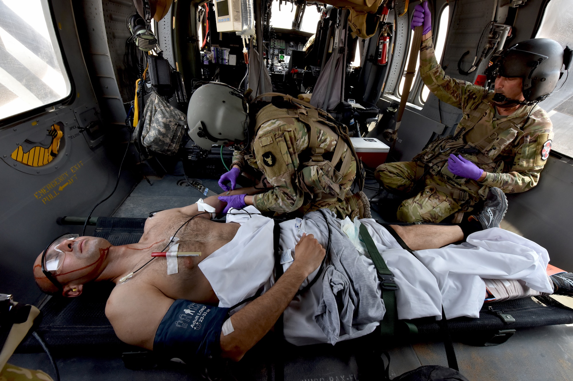 The 378th Expeditionary Medical Squadron conducted a trauma response exercise to practice its response, mitigation, treatment and evacuation of critically injured patients at Prince Sultan Air Base, Kingdom of Saudi Arabia, July 14, 2020. The 378th EMEDS combined with Security Forces, Civil Engineering and U.S. Army flight medics from Task Force Javelin to exercise treatment, evacuation and transport of patients. (U.S. Air Force photo by Master Sgt. Benjamin Wiseman)