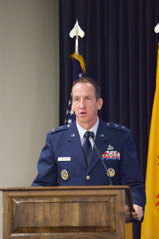 Maj. Gen. Shaun Q. Morris speaks on his departure as Air Force Nuclear Weapons Center commander at the change-of-command ceremony. (Air Force photo by Capt. Matthew Rice)