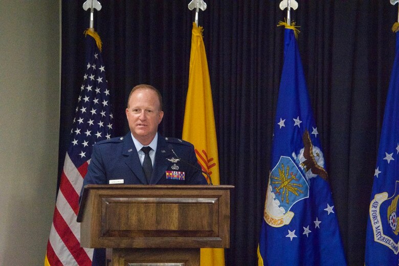 Brig. Gen. Anthony W. “Awgie” Genatempo speaks as he assumes command of the Air Force Nuclear Weapons Center at the change-of-command ceremony. (Air Force photo by Capt. Matthew Rice)