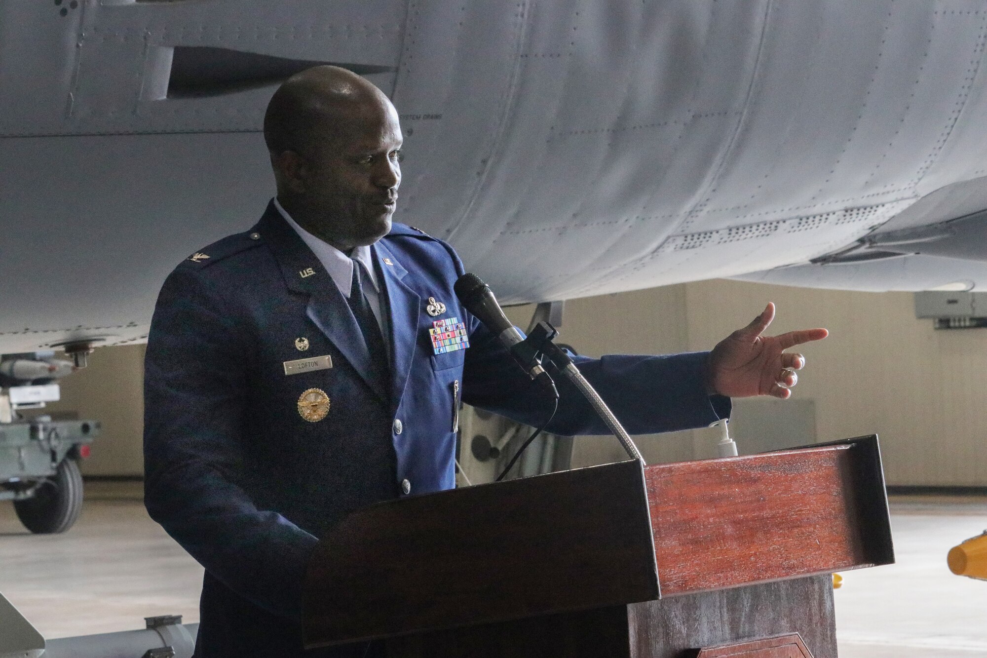 Col. John Lofton III addresses small group at change of command