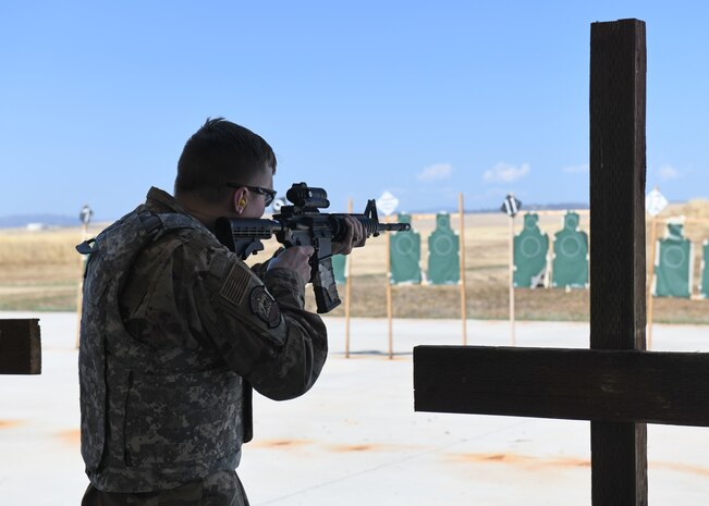 Staff Sgt. Mackenzie Jones, 9th Civil Engineering Squadron operations manager, fires an M4 Carbine, June 22, 2020, at Beale Air Force Base California. The Combat Arms Training and Maintenance course teaches Airmen how to properly use, disassemble, and clean a weapon safely. (U.S. Air Force photo by Airman 1st Class Luis A. Ruiz-Vazquez)