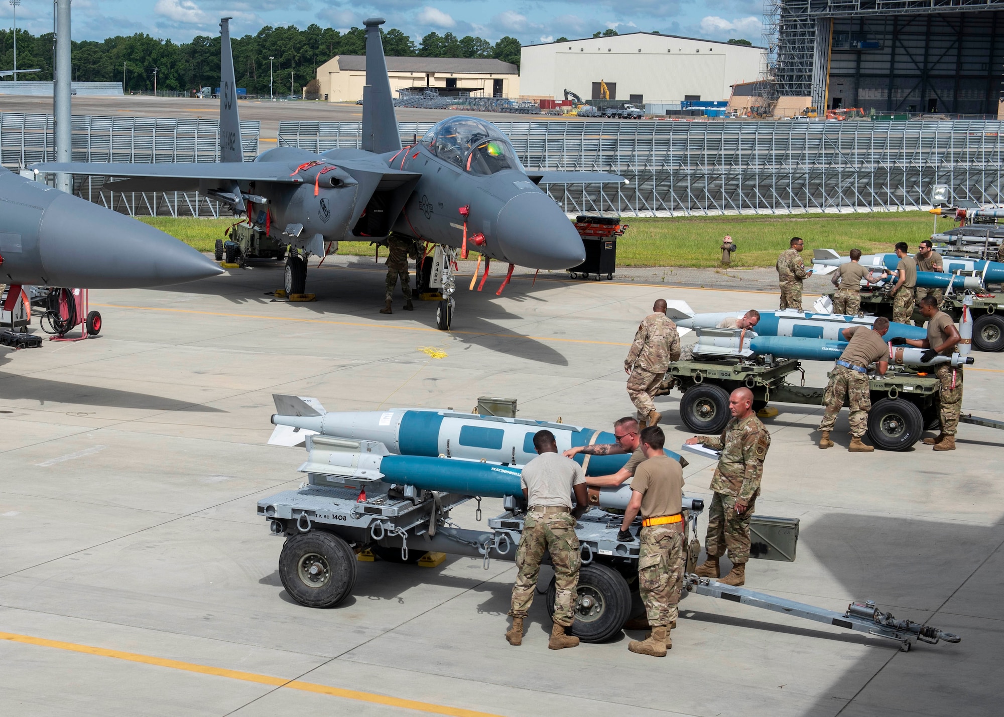 Airmen from the 4th Maintenance Group participate in a quarterly Load Crew Competition at Seymour Johnson Air Force Base, North Carolina, July 10, 2020.
