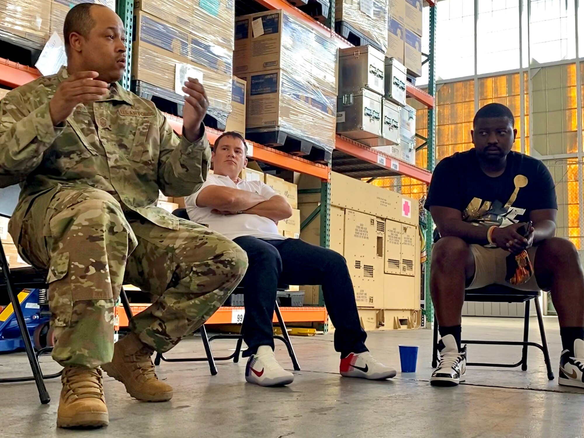 Master Sgt. William Jackson, 15th Medical Group superintendent, leads a support group with a focus on race in the military July 2, 2020, in the 15th MDG Logistics Warehouse on Joint Base Pearl Harbor-Hickam, Hawaii. Jackson saw a need for Airmen to discuss racial injustice and created a group that he plans to grow to include the entire base. (U.S. Air Force photo by 2nd Lt. Amber R. Kelly-Herard)