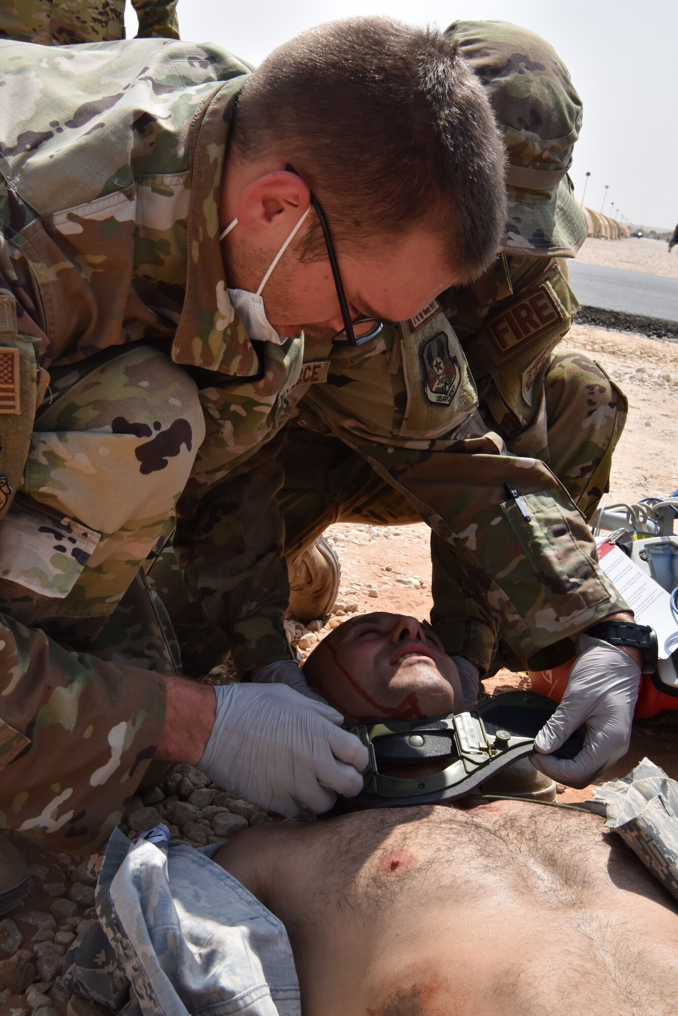 The 378th Expeditionary Medical Squadron conducted a trauma response exercise to practice its response, mitigation, treatment and evacuation of critically injured patients at Prince Sultan Air Base, Kingdom of Saudi Arabia.