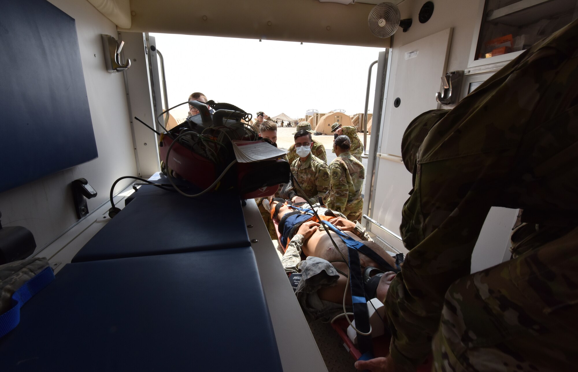 The 378th Expeditionary Medical Squadron conducted a trauma response exercise to practice its response, mitigation, treatment and evacuation of critically injured patients at Prince Sultan Air Base, Kingdom of Saudi Arabia.