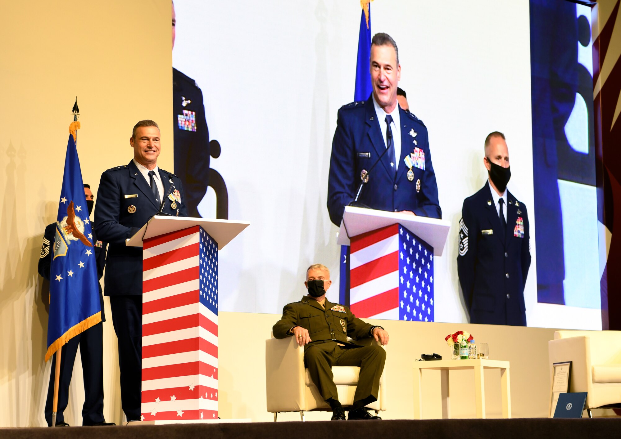 U.S. Air Force Lt. Gen. Joseph Guastella, outgoing commander of U.S. Air Forces Central Command, makes remarks before officially relinquishing command to U.S. Air Force Lt. Gen. Gregory Guillot during a change of command ceremony at Al Udeid Air Base, Qatar, July 16, 2020.