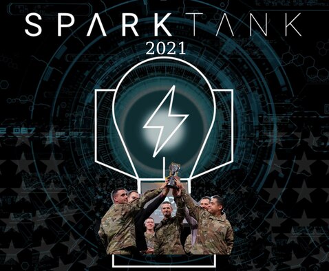 black graphic with light bulb and Airmen holding up trophy