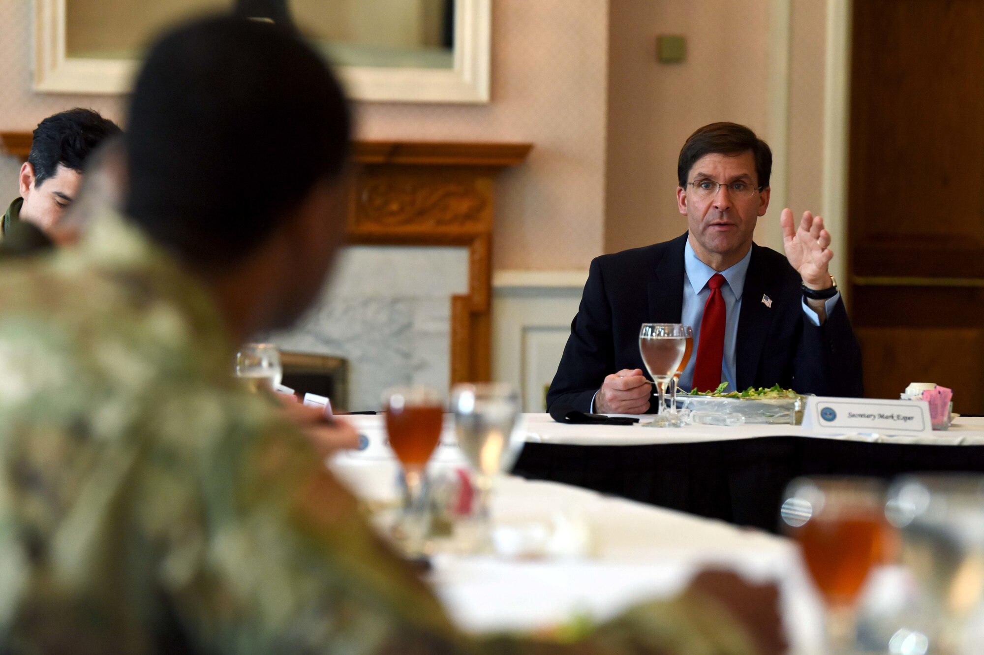 U.S. Secretary of Defense Dr. Mark T. Esper speaks during a lunch with Airmen at RAF Mildenhall.