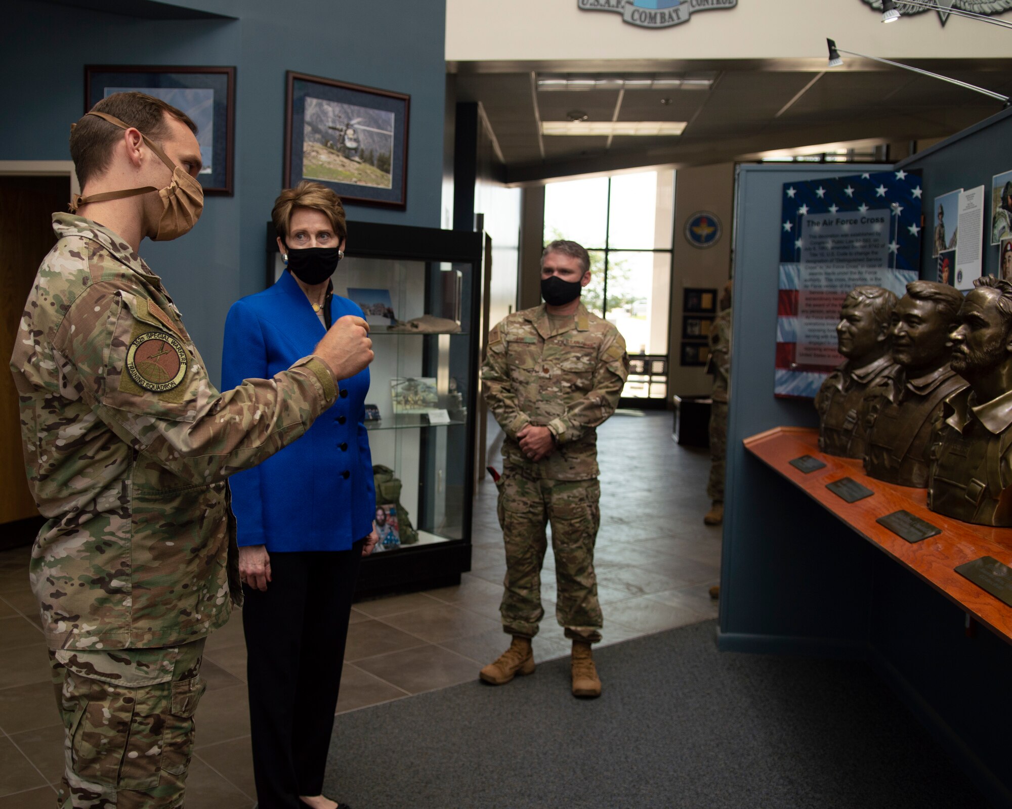 Secretary of the Air Force Barbara M. Barrett visited Pope Army Airfield, North Carolina on July 16 to discuss joint operations and the integral part the Air Force plays during global responses.