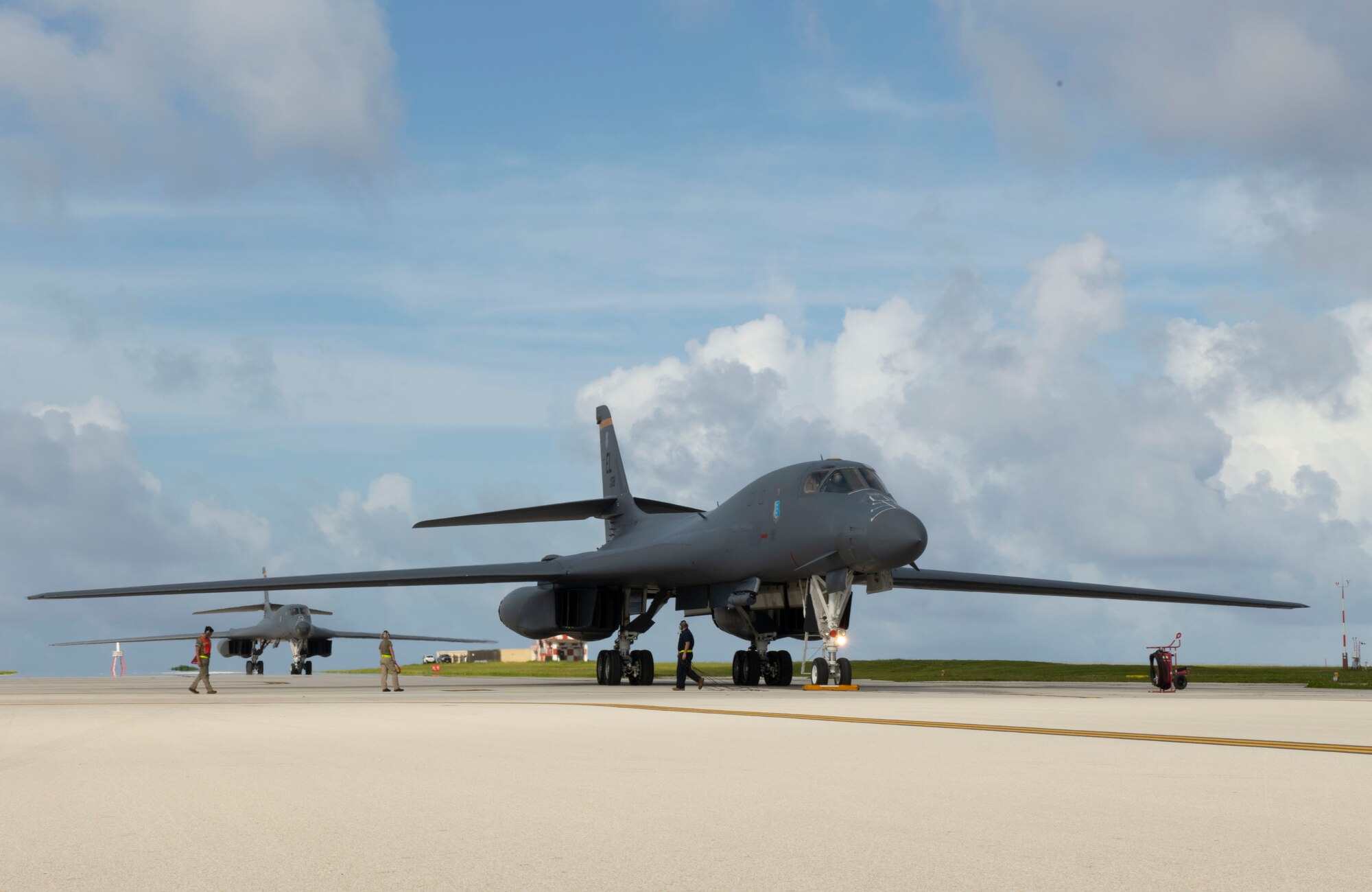 Two B-1B Lancers, assigned to the 28th Bomb Wing, Ellsworth Air Force Base, S.D., arrive at Andersen Air Force Base, Guam, as part of a Bomber Task Force deployment, July 17, 2020. Approximately 170 Airmen and two B-1s deployed to the Indo-Pacific in support of the BTF.(U.S. Air Force Photo by Airman 1st Class Christina Bennett)