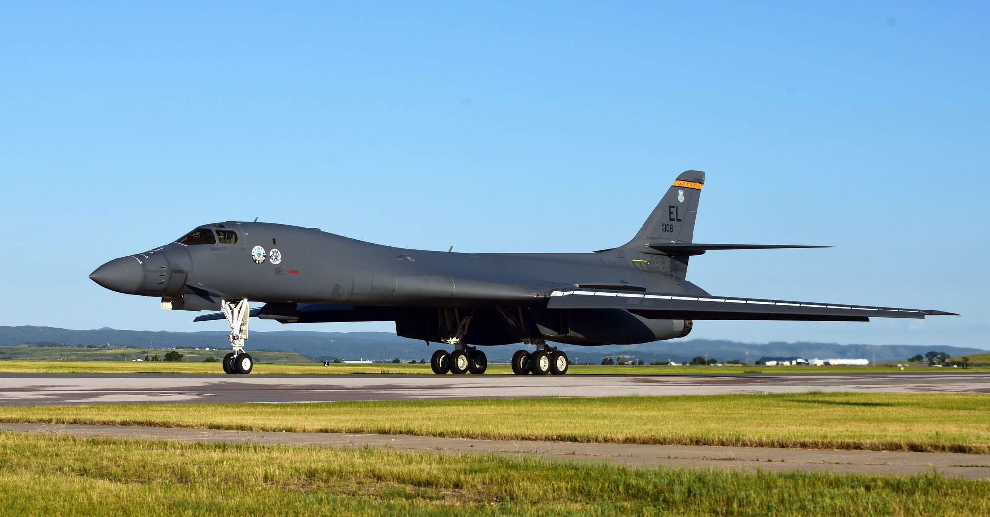A B-1B Lancer assigned to the 37th Bomb Squadron taxis on the flightline at Ellsworth Air Force Base, S.D., July 16, 2020. Approximately 170 members and two B-1s deployed to Andersen Air Force Base, Guam, as part of a Bomber Task Force deployment, demonstrating the U.S. Indo-Pacific Command’s continuing commitment to allies and partners in the region. (U.S. Air Force photo by Airman 1st Class Quentin K. Marx)