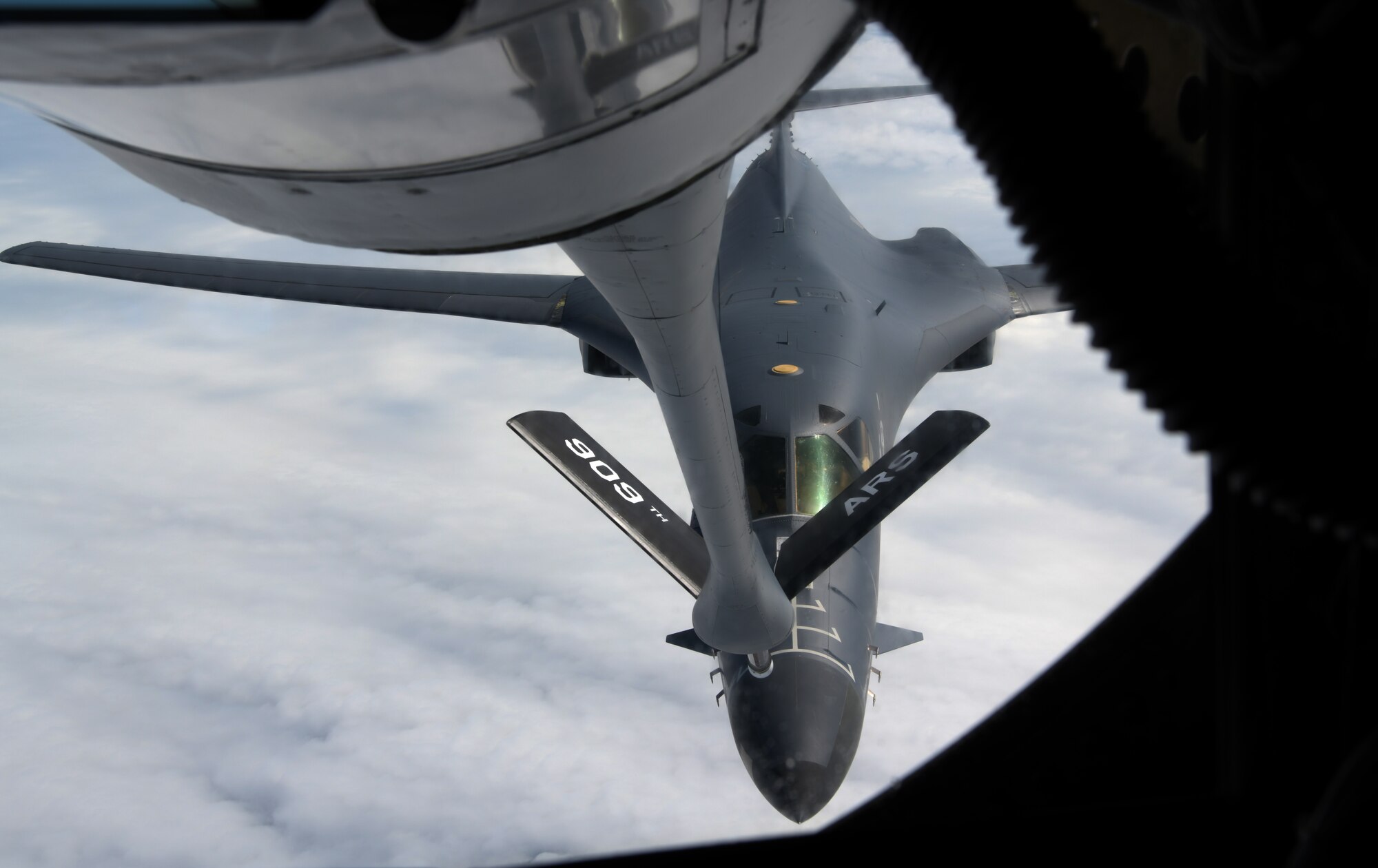 A KC-135 Stratotanker assigned to the 909th Air Refueling Squadron, Kadena Air Base, Japan, refuels a B-1B Lancer from the 28th Bomb Wing, Ellsworth Air Force Base, S.D., during a Bomber Task Force mission, July 17, 2020. The Unites States security presence, along with our allies and partners, underpins the peace and stability that has enabled the Indo-Pacific region to develop and prosper for more than seven decades. (U.S. Air Force photo by Airman 1st Class Rebeckah Medeiros)
