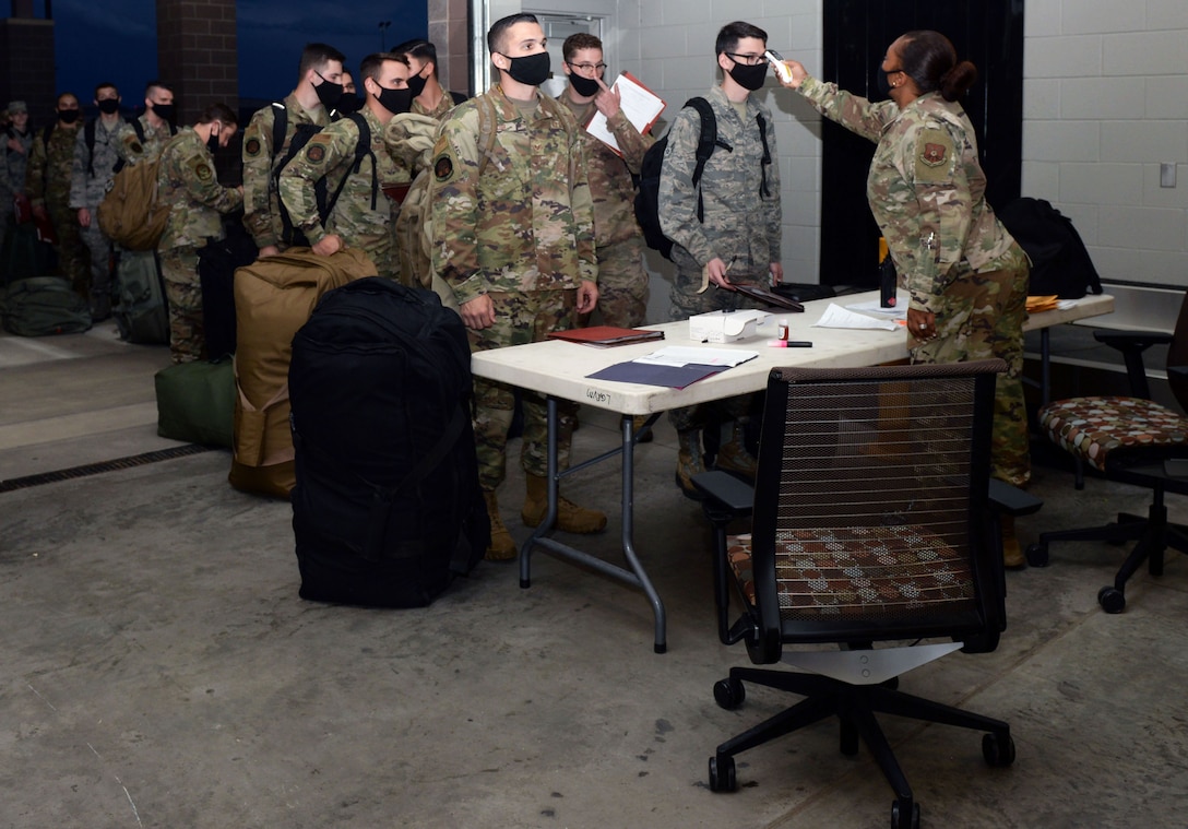 Airmen from the 28th Bomb Wing, Ellsworth Air Force Base, S.D., receive a medical check prior to a Bomber Task Force deployment to the U.S. Indo-Pacific Command area of responsibility July 13, 2020. The U.S. security presence, along with allies and partners, underpins the peace and stability that has enabled the Indo-Pacific region to develop and prosper for more than seven decades.  (U.S. Air Force photo by Airman 1st Class Quentin K. Marx)