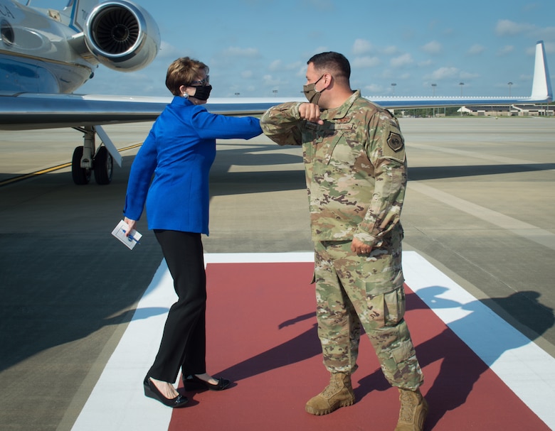 Secretary of the Air Force Barbara M. Barrett visited Pope Army Airfield, North Carolina on July 16 to discuss joint operations and the integral part the Air Force plays during global responses.