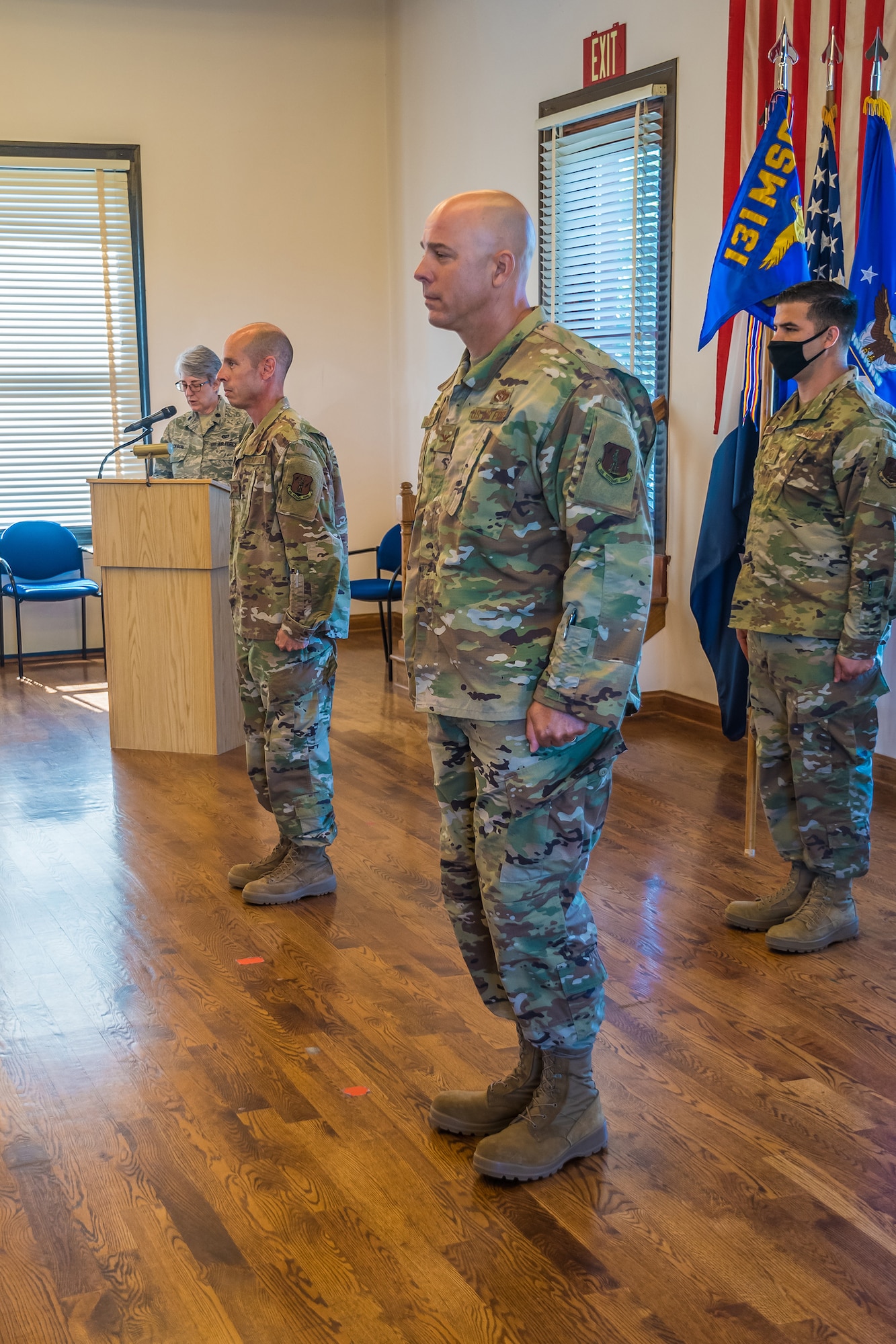 Col. Darren Guttmann (right) assumes command of the 231st Civil Engineer Flight during a ceremony at Jefferson Barracks Air National Guard Base, Mo., July 12, 2020. Guttmann relieves the flight’s previous commander, Col. John Miget, who recently retired. (U.S. Air National Guard photo by Master Sgt. Stephen Froeber)