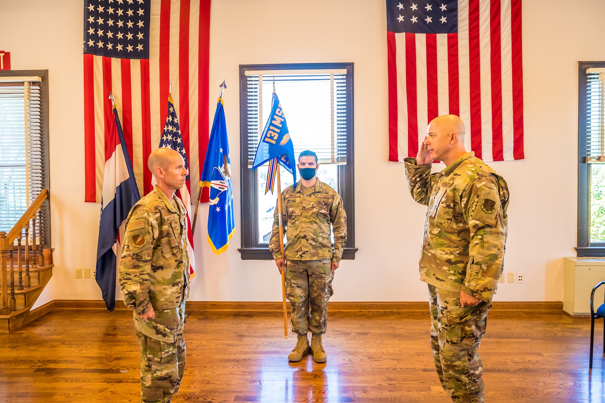 Col. Darren Guttmann salutes 131st Bomb Wing Commander Col. Matthew Calhoun during an assumption of command ceremony at Jefferson Barracks Air National Guard Base, Mo., July 12, 2020. Guttmann assumed command of the 231st Civil Engineer Flight from Col. John Miget, who recently retired. (U.S. Air National Guard photo by Master Sgt. Stephen Froeber)