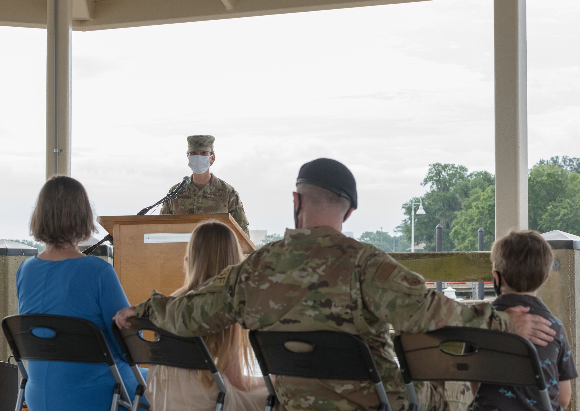 U.S Air Force Col. Heather Blackwell, 81st Training Wing commander, speaks during the 81st Mission Support Group Group change of command at the Marina Park at Keesler Air Force Base, Mississippi, July 16, 2020. The ceremony is a symbol of command being exchanged from one commander to the next by the handing-off of a ceremonial guidon. (U.S. Air Force Photo by Andre' Askew)