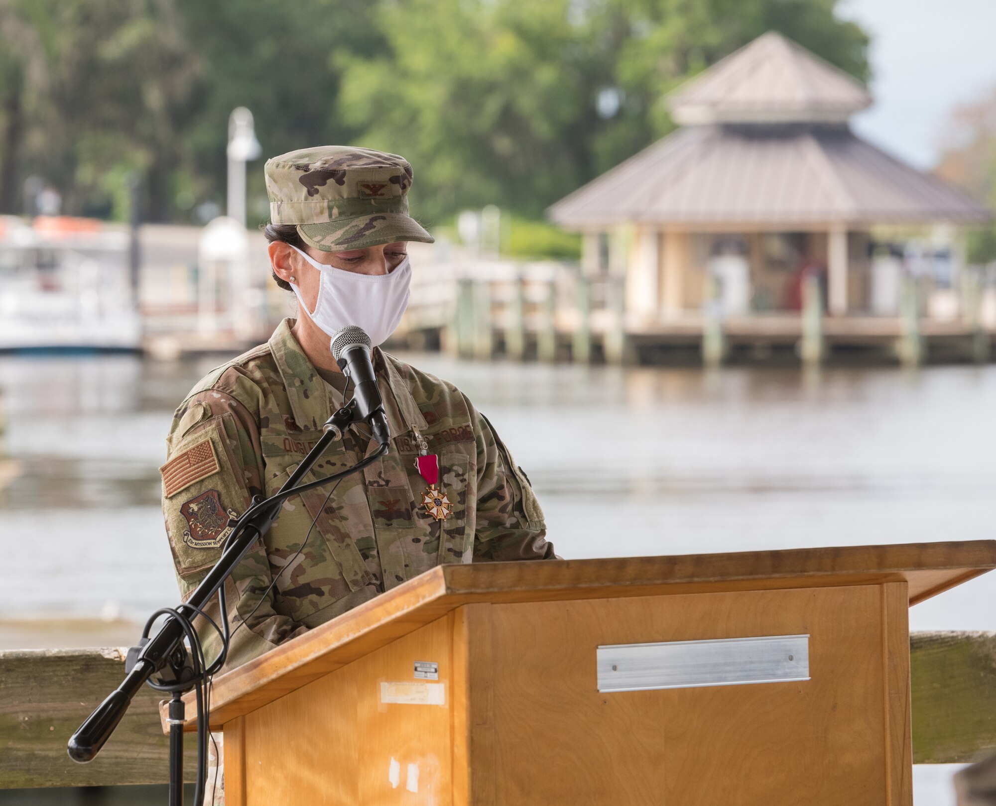 U.S Air Force Col. Marcia Quigley, outgoing 81st Mission Support Group commander, speaks during the 81st MSG Change of Command at the Marina Park at Keesler Air Force Base, Mississippi, July 16, 2020. The ceremony is a symbol of command being exchanged from one commander to the next by the handing-off of a ceremonial guidon. 
(U.S. Air Force Photo by Andre' Askew)