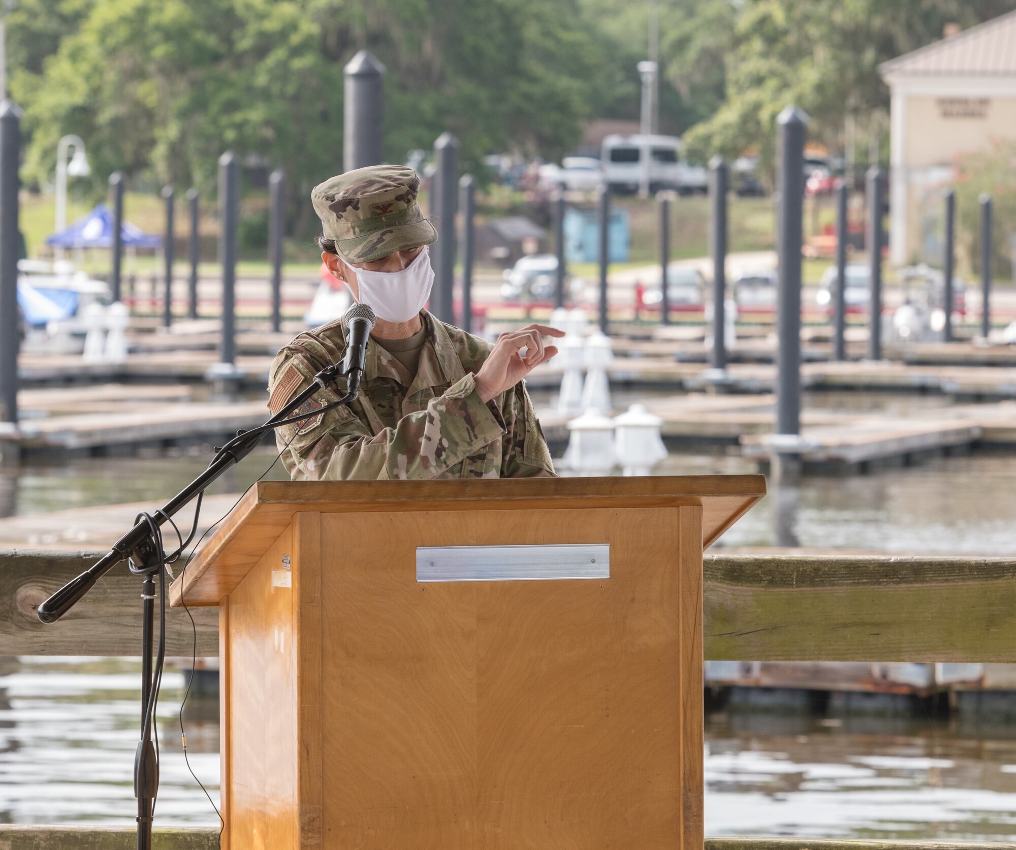 U.S Air Force Col. Marcia Quigley, outgoing 81st Mission Support Group commander, speaks during the 81st MSG Change of Command at the Marina Park at Keesler Air Force Base, Mississippi, July 16, 2020. The ceremony is a symbol of command being exchanged from one commander to the next by the handing-off of a ceremonial guidon. (U.S. Air Force Photo by Andre' Askew)