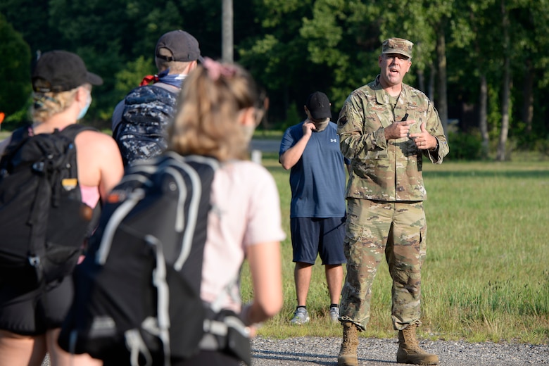 U.S. Air Force Col. Patrick G. Miller, 88th Air Base Wing and installation commander, addresses participants in the Airman’s Fight Against Social Injustice and For Diversity Inclusion 5K Ruck March/Walk at Wright-Patterson Air Force Base, Ohio, Friday, July 10, 2020. (U.S. Air Force photo/Ty Greenlees)