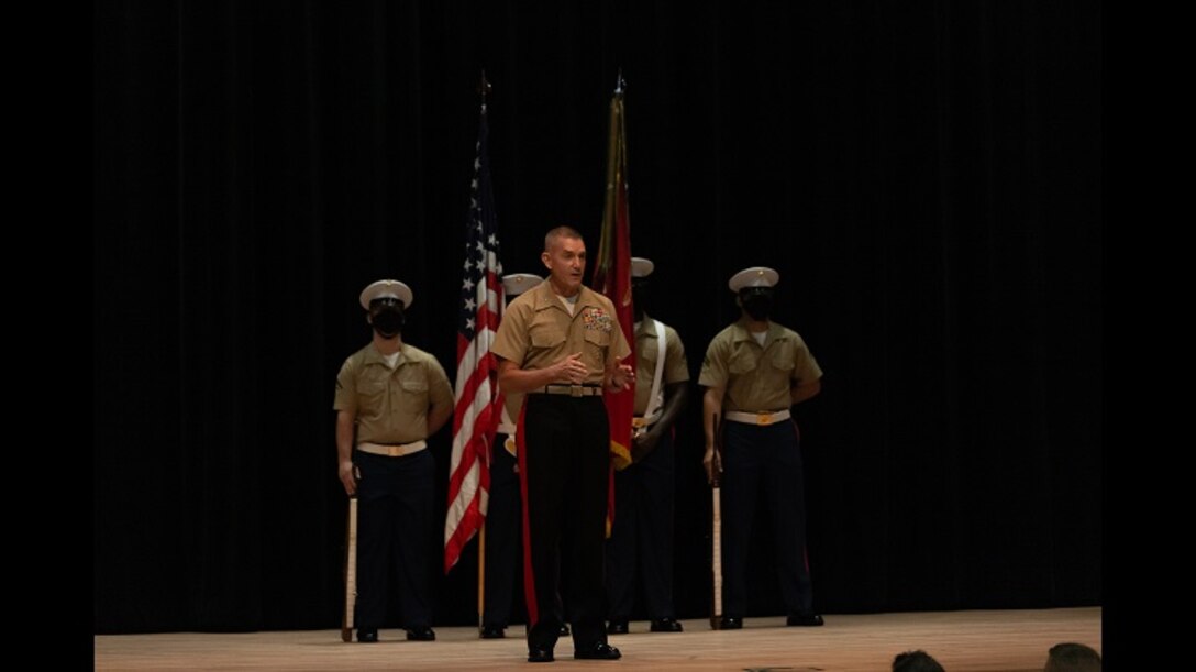 MARINE CORPS BASE QUANTICO, Virginia — Brig. Gen. Jason Q. Bohm addresses the audience during the Marine Corps Recruiting Command's (MCRC) change of command ceremony July 17, 2020. MCRC upholds the Marine Corps' promise of making Marines by conducting operations to recruit qualified individuals for enlistment or commissioning into the Marine Corps' active and reserve components. The command’s mission is to attain the assigned total force personnel requirements in accordance with the fiscal year’s accessions strategy. (U.S. Marine Corps photo by Lance Cpl. Phuchung Nguyen)