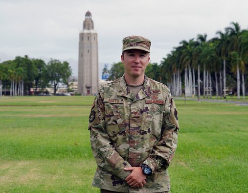 Staff Sgt. Drew Mayo, 37th Intelligence Squadron senior intelligence analyst, recently found himself using his military training to de-escalate a crisis while onboard an aircraft to Los Angeles. Mayo was ultimately successful in calming the passenger and keeping everyone on board safe.  (U.S. Air Force photo by Airman 1st Class Erin Baxter)