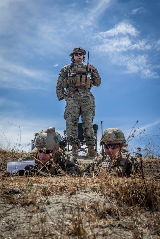 U.S. Marine Gunnery Sgt. Frank Denault, the chief instructor for Infantry Unit Leader Course, Advanced Infantry Training Battalion, School of Infantry - West, watches over Marines during a training event on Range 407B, Marine Corps Base Camp Pendleton, California, June 25, 2020. Denault uses his experiences to teach future and current infantry leaders. Denault is a native of Kankakee, Illinois. (U.S. Marine Corps photo by Lance Cpl. Alison Dostie)